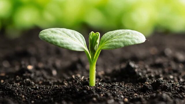 Tiny green sprout emerging from rich dark soil, symbolizing new life and growth in nature's embrace