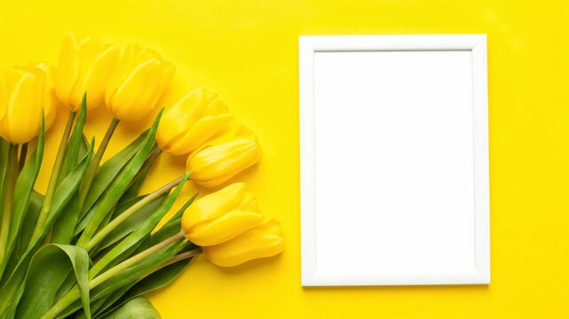 Fresh yellow tulips with a blank white picture frame on a vibrant background. Spring holiday flat lay composition with copy space for a mockup. Panoramic banner for easter or mother's day