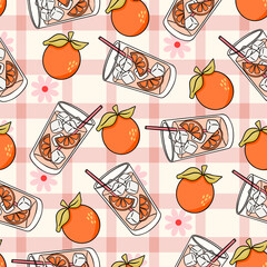 Cotton fabric Retro Hand Drawn Seamless Pattern Featuring Refreshing Orange Juice Glasses Ice Cubes And Whole Citrus On Pink Gingham Background For Summer Textiles And Kitchen Wallpaper