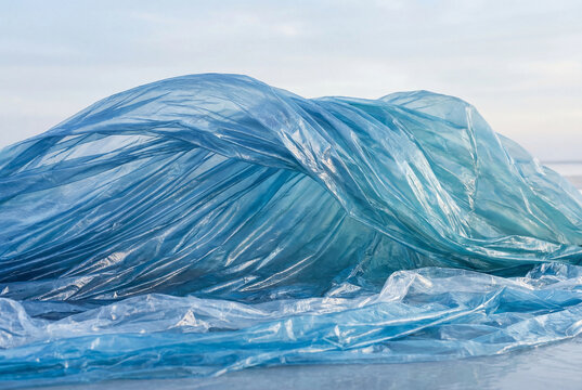 Blue plastic sheet floating on calm water surface resembling ocean wave under cloudy sky