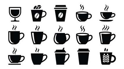 Fototapeta premium Coffee Cup And Mug Silhouette Collection, Modern Vector Illustration For Beverage Branding Cafe Menu Design Hot Drink Icons And Elegant Coffee ware Artwork Isolated On White Background.