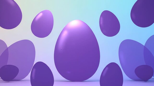 Dynamic sequence of falling and bouncing purple easter eggs. Modern abstract concept for a festive spring holiday celebration with a vibrant pastel gradient background