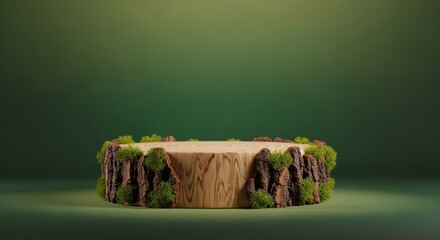 Rustic wood slice product display platform with moss accents on a gradient green background for presentations