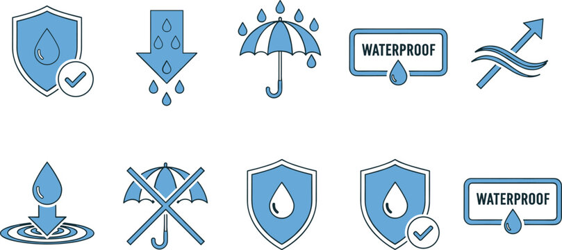 Light blue minimalist waterproof vector icon set featuring water resistant shields umbrellas droplets and protective badges for product packaging outdoor gear and textile technical specifications.