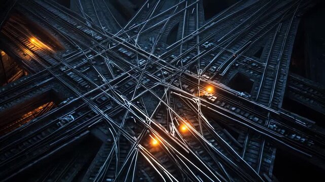 Overhead view of a sprawling railway yard at night, featuring a complex intersection of train tracks illuminated by warm lights, symbolizing intricate decision making and interconnected paths