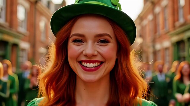 Saint Patrick Day parade celebration portrait of smiling redhead woman wearing green hat in city street festival atmosphere for cultural event promotion video