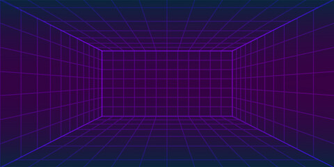 Futuristic cyberpunk grid room vector background. Neon pink lines create a 3D perspective tunnel for tech designs. vector Eps 10