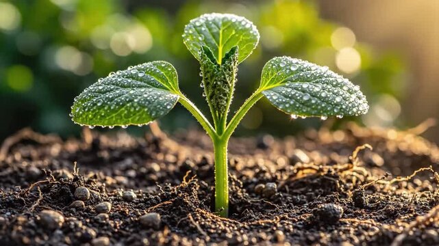 New plant sprout emerges from soil in garden during morning sunlight showing growth and renewal in nature