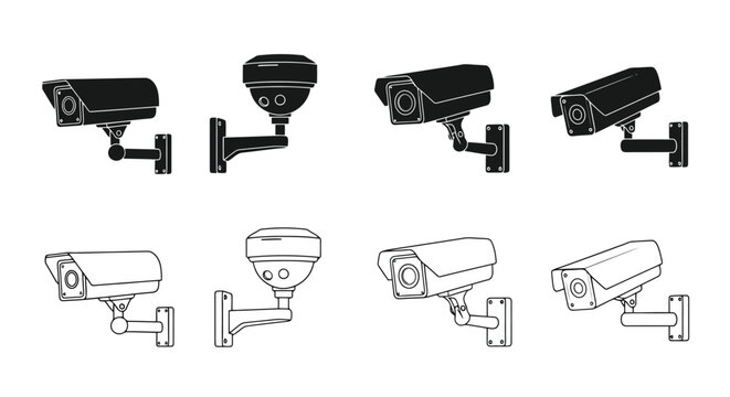 Collection of Security Cameras in Black and White Line Art Style.