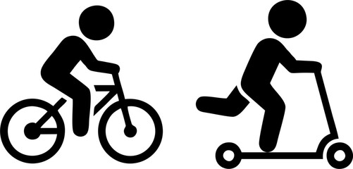 Silhouettes of a person riding a bicycle and a kick scooter