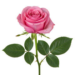 Beautiful pink rose with green leaves isolated on white background