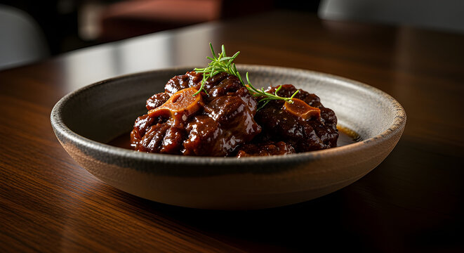 Spanish oxtail stew with deep glossy sauce, captured in an elegant indoor bistro setting. Isolated on White background