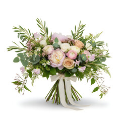 Beautiful bouquet of pink and white roses and flowers with green leaves and ribbon