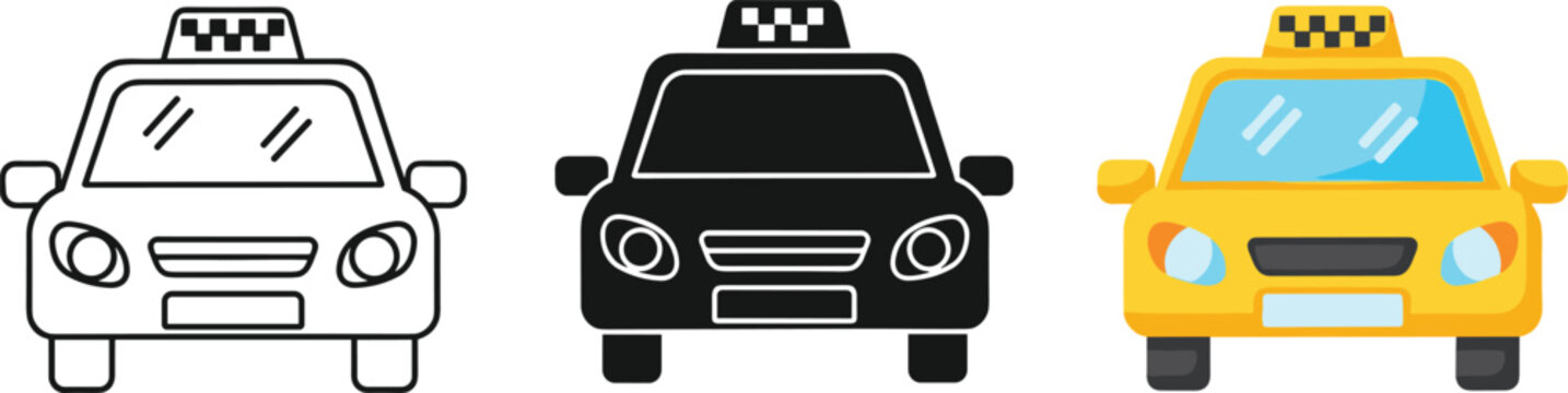 Taxi cab vehicle illustrations set featuring front view line art black silhouette and yellow cartoon styles for transportation urban travel and taxi service branding