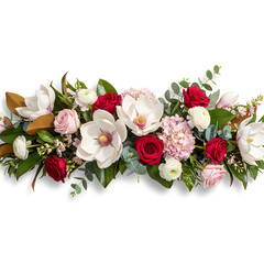 Beautiful bouquet of roses and magnolias with green leaves on white