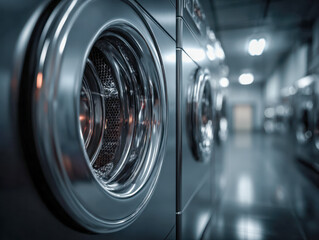 Modern industrial laundry facility with sleek metallic washing machines lined up in a clean environment, showcasing polished surfaces and professional equipment desi