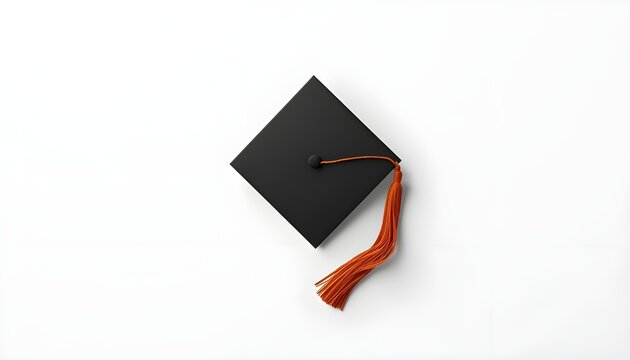 A black graduation cap with an orange tassel on a white background