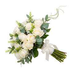 Beautiful bouquet of white roses and green leaves with ribbon tied around stems