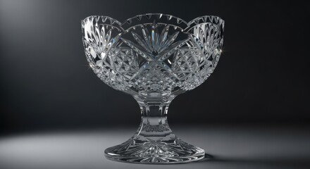 Obraz premium Intricate cut glass serving dish rests on a reflective surface under dramatic lighting