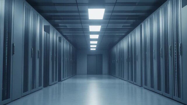 Server room holding racks of modern computing hardware, centralizing information technology infrastructure for big data storage and network traffic management