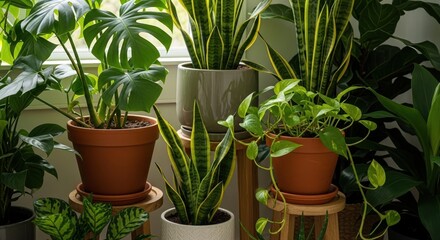 Obraz premium lush indoor plant collection in sunlight with various potted plants on wooden stools