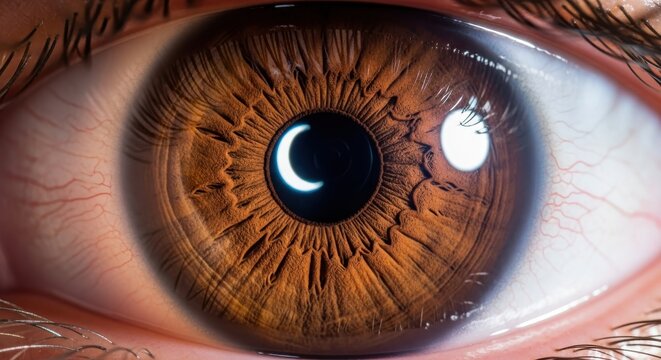 Extreme close up reveals intricate details of a brown human iris and pupil with crescent reflection
