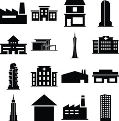 A collection of black and white building icons