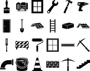 Collection of construction tools and materials icons
