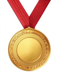 A classic gold medal with intricate detailing, hanging from a red ribbon