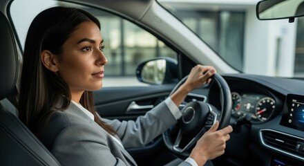 Fototapeta premium confident young woman driving car in urban city wearing professional suit on sunny day