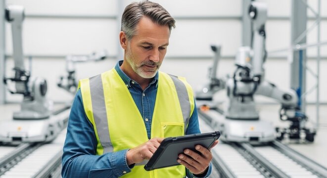 middle-aged engineer using digital tablet in modern robotic manufacturing facility