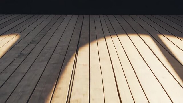 Warm sunlight on weathered wooden boardwalk planks, long shadows accentuating grain and texture, rustic parallel lines creating warm, empty pathway and copy space