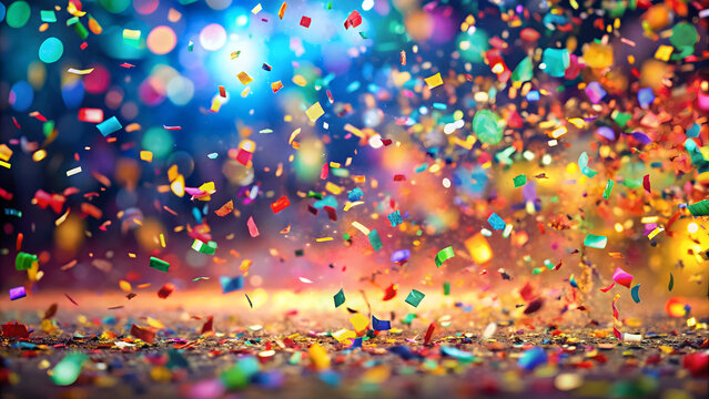 Vibrant confetti falling against colorful bokeh lights background