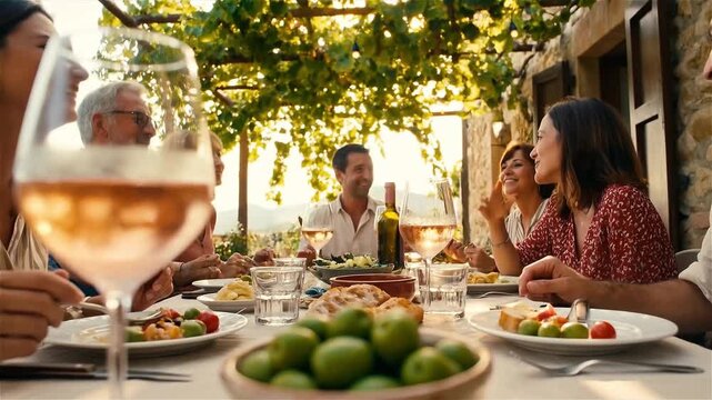 Friends and family enjoying a Mediterranean al fresco meal with ros&eacute; wine and green olives under a sunlit grapevine trellis during golden hour.