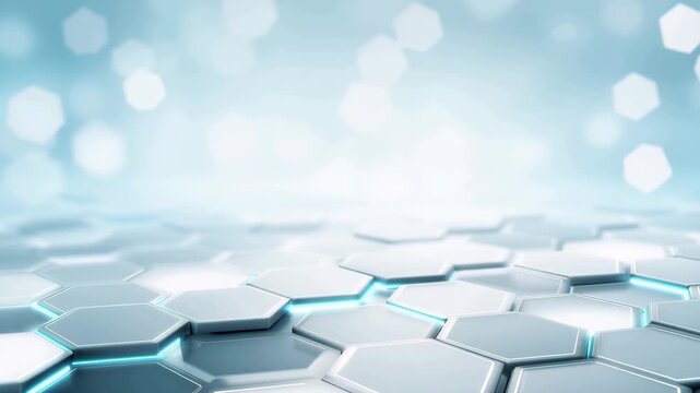 Abstract white hexagon technology background with glowing blue light and soft bokeh