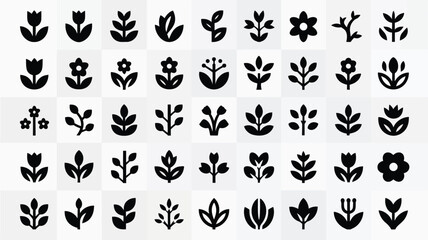 Fototapeta premium Collection of black flower and leaf icons on a light gray background for design and decoration purposes