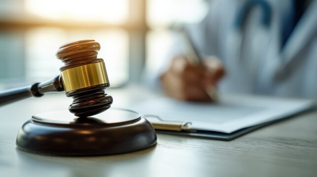 Wooden gavel on desk with a doctor writing on a clipboard in the background, symbolizing medical malpractice and legal healthcare regulations.