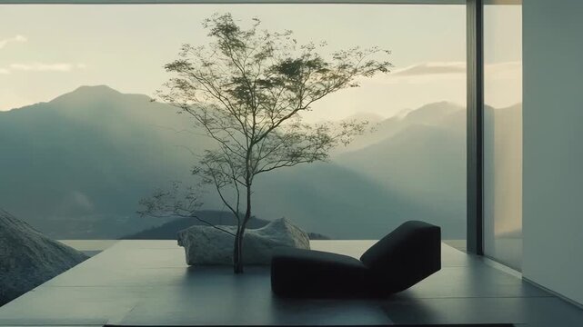 Modern architecture blending with nature, showcasing a tranquil outdoor living space featuring an infinity pool, minimalist lounge chair, and a peaceful mountain landscape during sunset