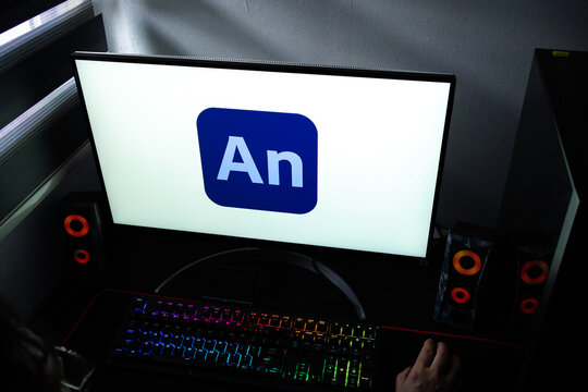 Punta Arenas, Chile &ndash; February 17, 2026: A computer monitor displaying the  Adobe Animate logo at a creative workstation