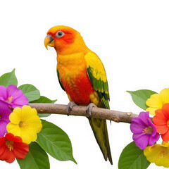 Lovely lovebird perched on a branch surrounded by colorful flowers.