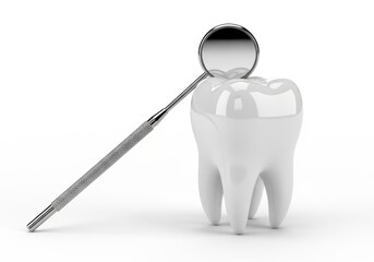Fototapeta premium Illustrative dental mirror rests against a large, clean molar against a white background.