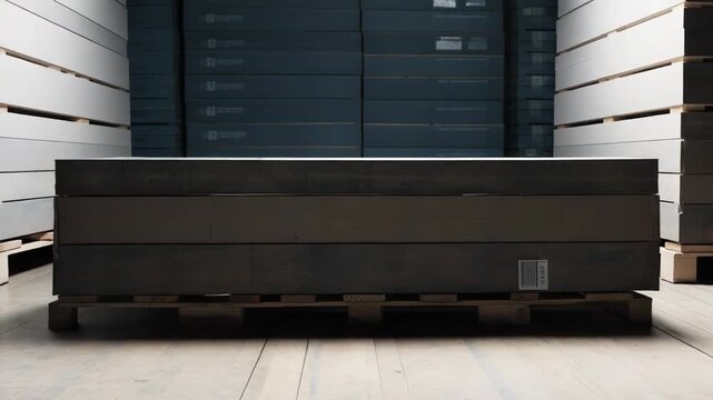 Palletized wood planks are neatly stacked in an industrial warehouse, ready for shipping and distribution, highlighting themes of logistics, storage, and manufacturing efficiency