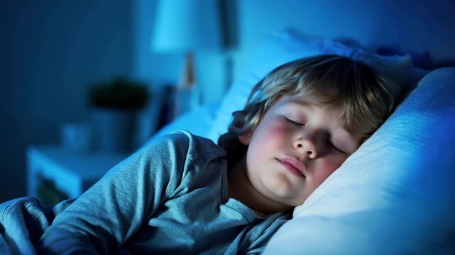 Peaceful child sleeping at night in cozy bedroom with soft blue light