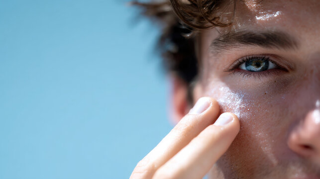 Sun protection concept with close up of young man applying sunscreen cream on face under bright blue sky
