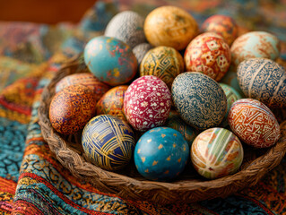 Fototapeta premium Vibrant collection of intricately decorated eggs with traditional patterns arranged in a woven basket on colorful patterned fabric background