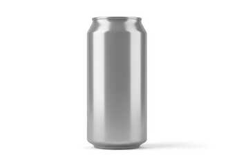 Cylindrical metal container with a blank metallic surface stands against a white background