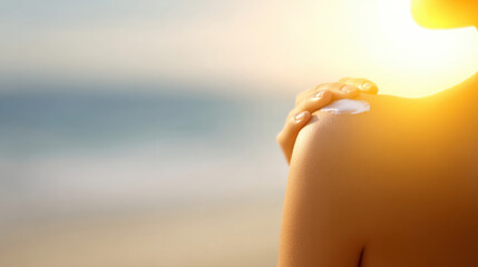 Sun protection cream on shoulder skin with beach background and sunlight