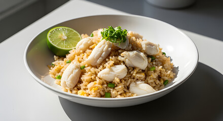 Thai crab fried rice with fresh herbs and fluffy texture in a refined indoor culinary scene. Isolated on White background