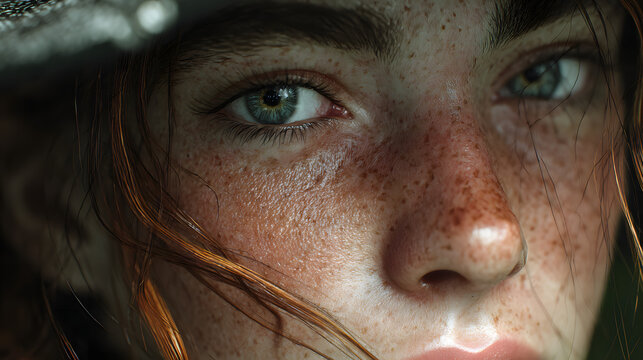 A close-up portrait of a woman with captivating turquoise eyes and a sprinkle of freckles on her face gazes directly into the camera, exuding a sense of both vulnerability and strength.