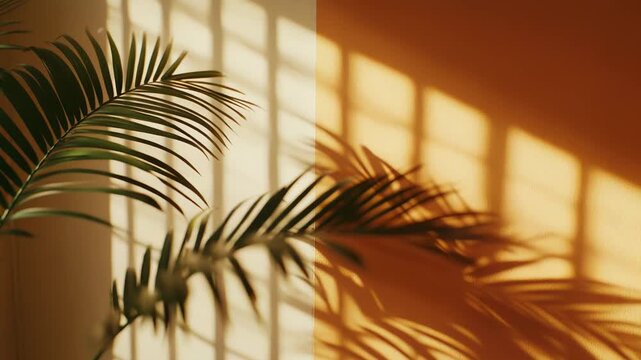 Tropical palm leaves are casting geometric window shadows and abstract patterns across a warm toned interior wall, creating a serene and minimalist aesthetic with natural sunlight